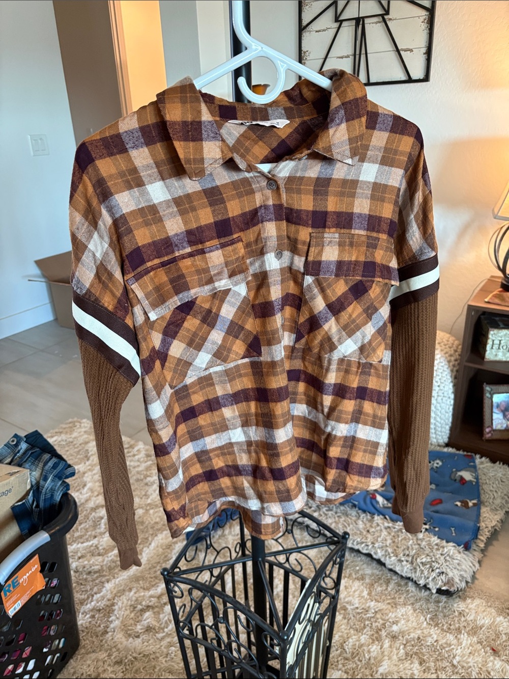 SO Men’s Plaid Button-Down Shirt in Brown, Cream & Purple